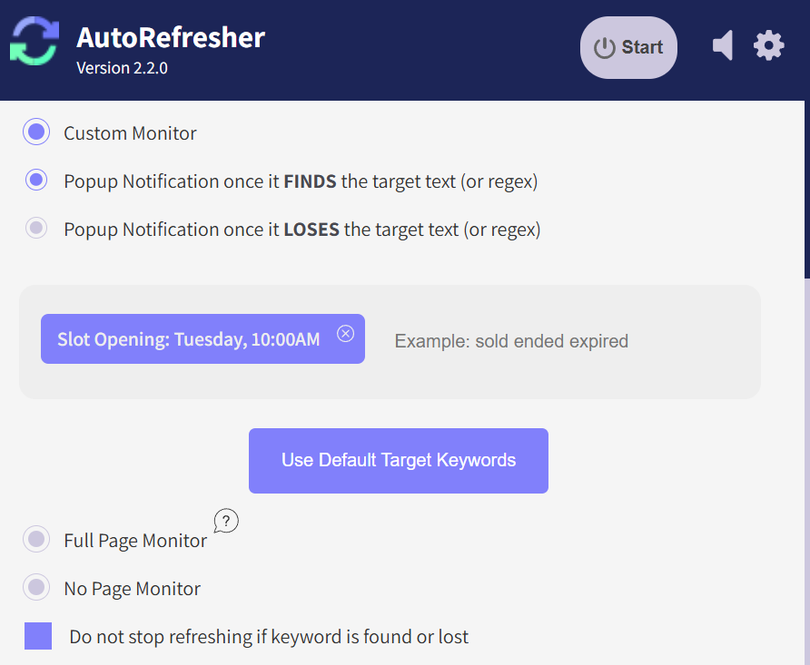 AutoRefresher’s page monitor with Slot Opening: Tuesday, 10:00AM entered as the words to watch for