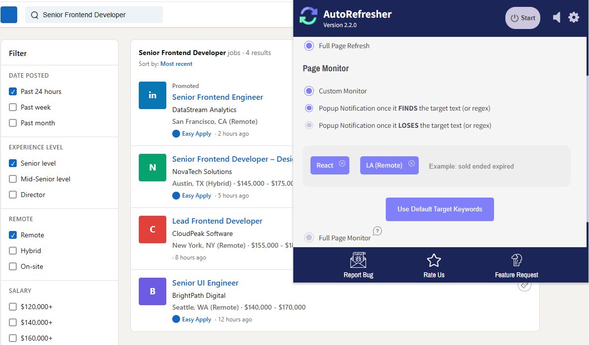 AutoRefresher’s page monitor open beside a filtered job search, with React and LA (Remote) set as the words to watch for